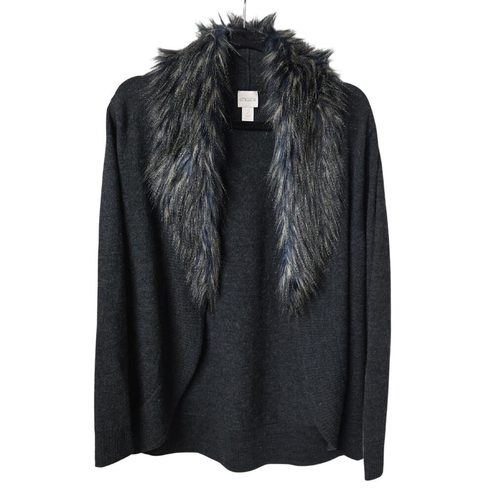 Chico's Elise Wool Open Cardigan Sweater With Faux Fur Shawl Collar Womens Large